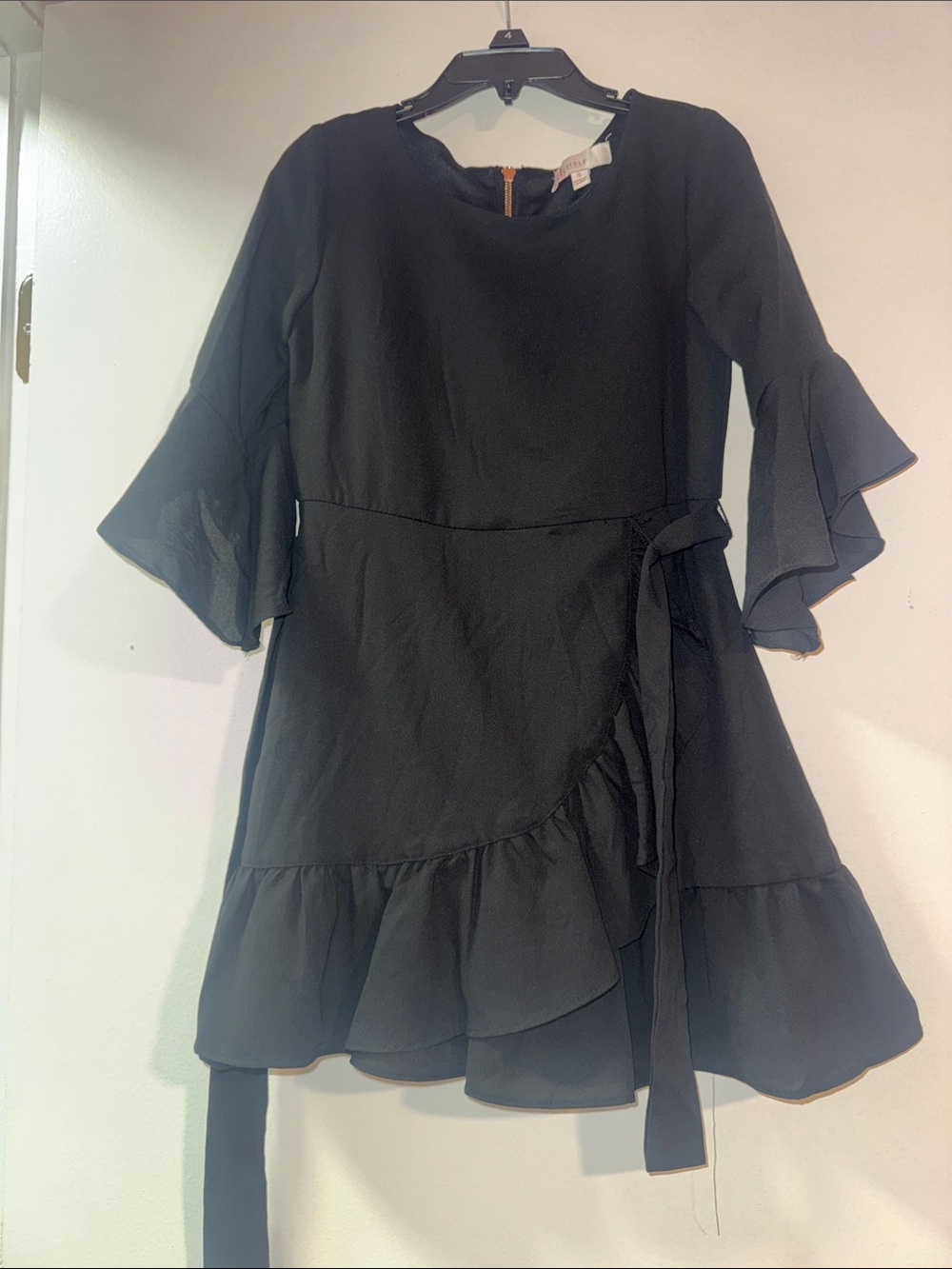 GB girls Black Ruffle Wrap Dress with Bell Sleeves